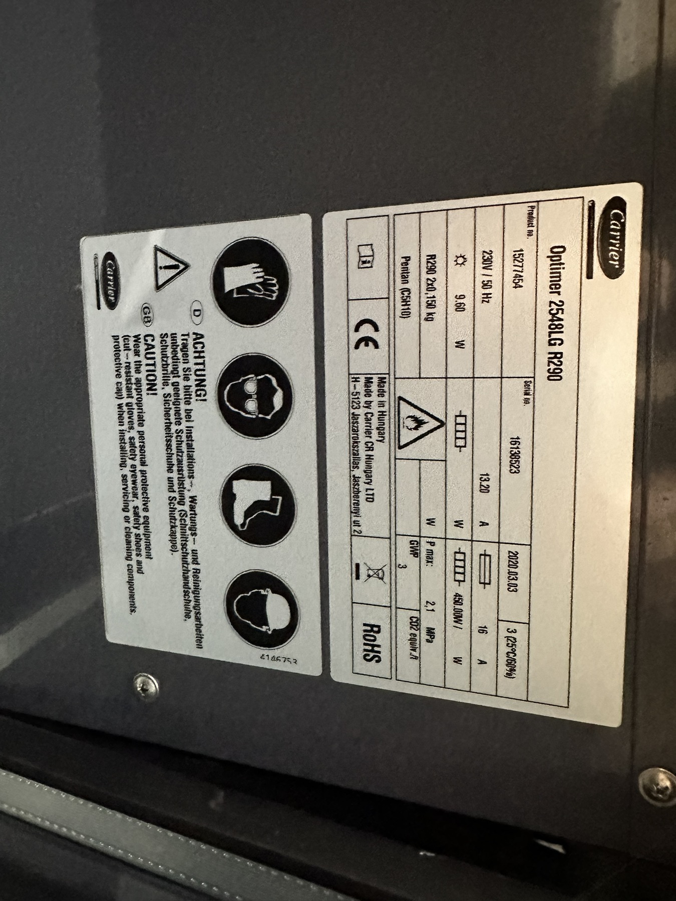Přístěnná chladicí vitrína Carrier Optimer 2548LG