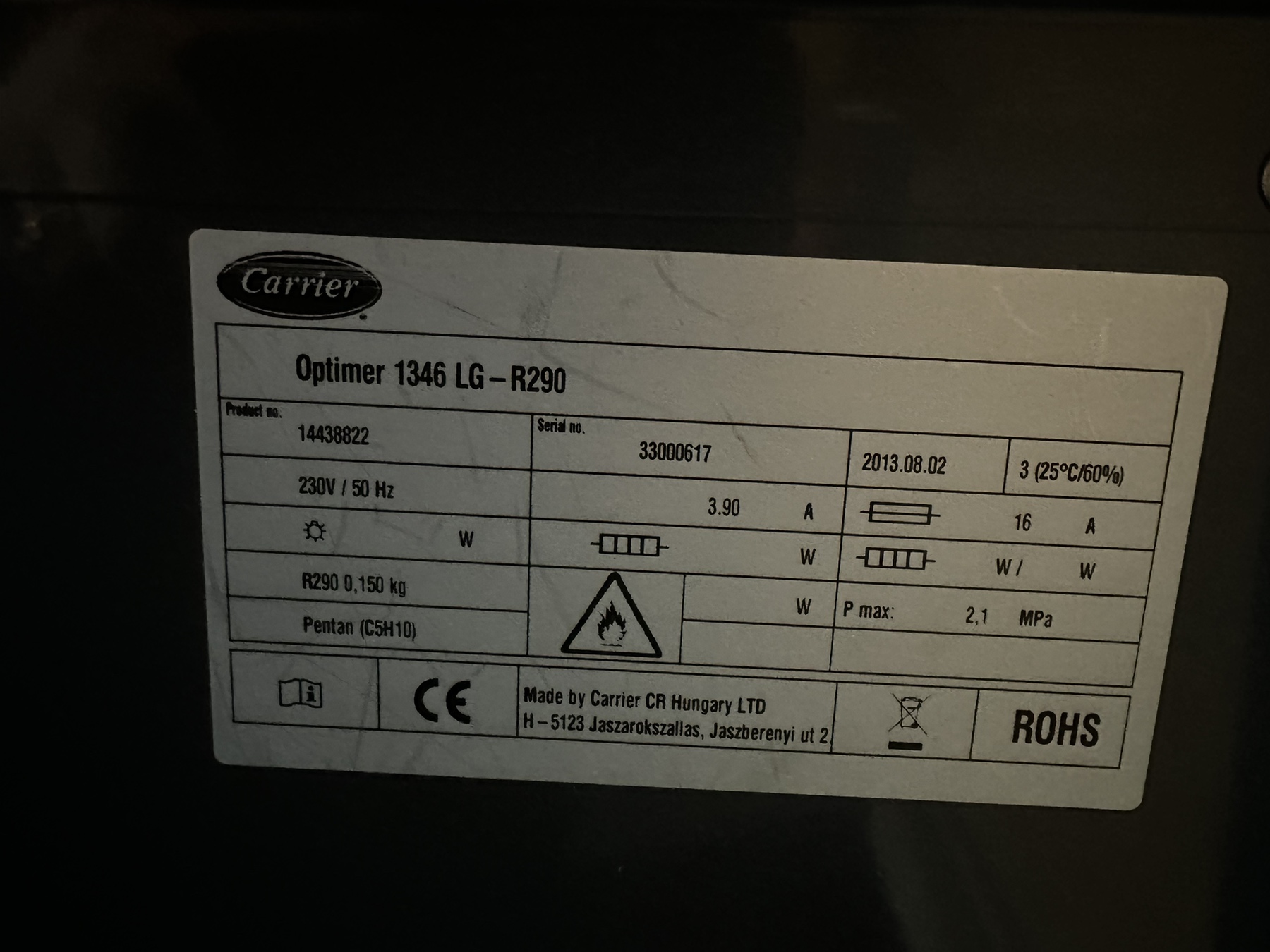Přístěnná chladicí vitrína Carrier Optimer 1346 LG, rok 2013